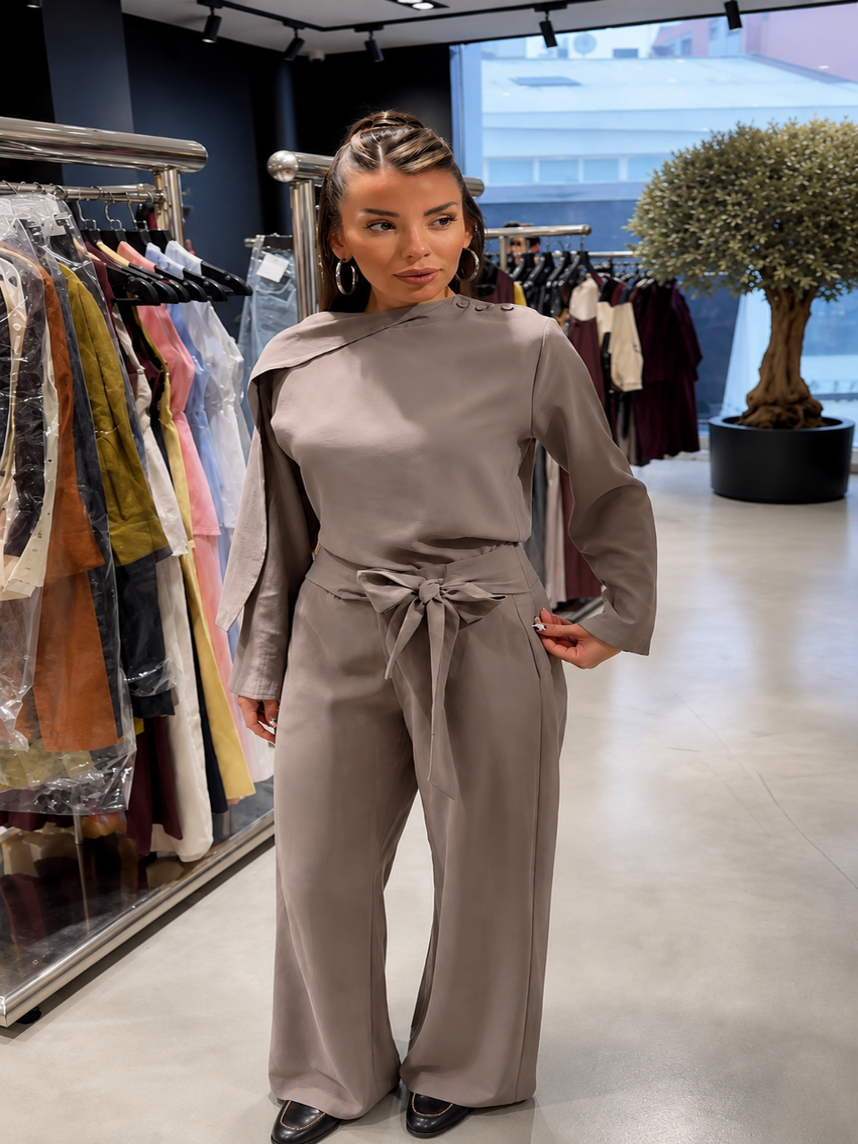 Warm Stone Elegance Scarf Detail Co-Ord Set