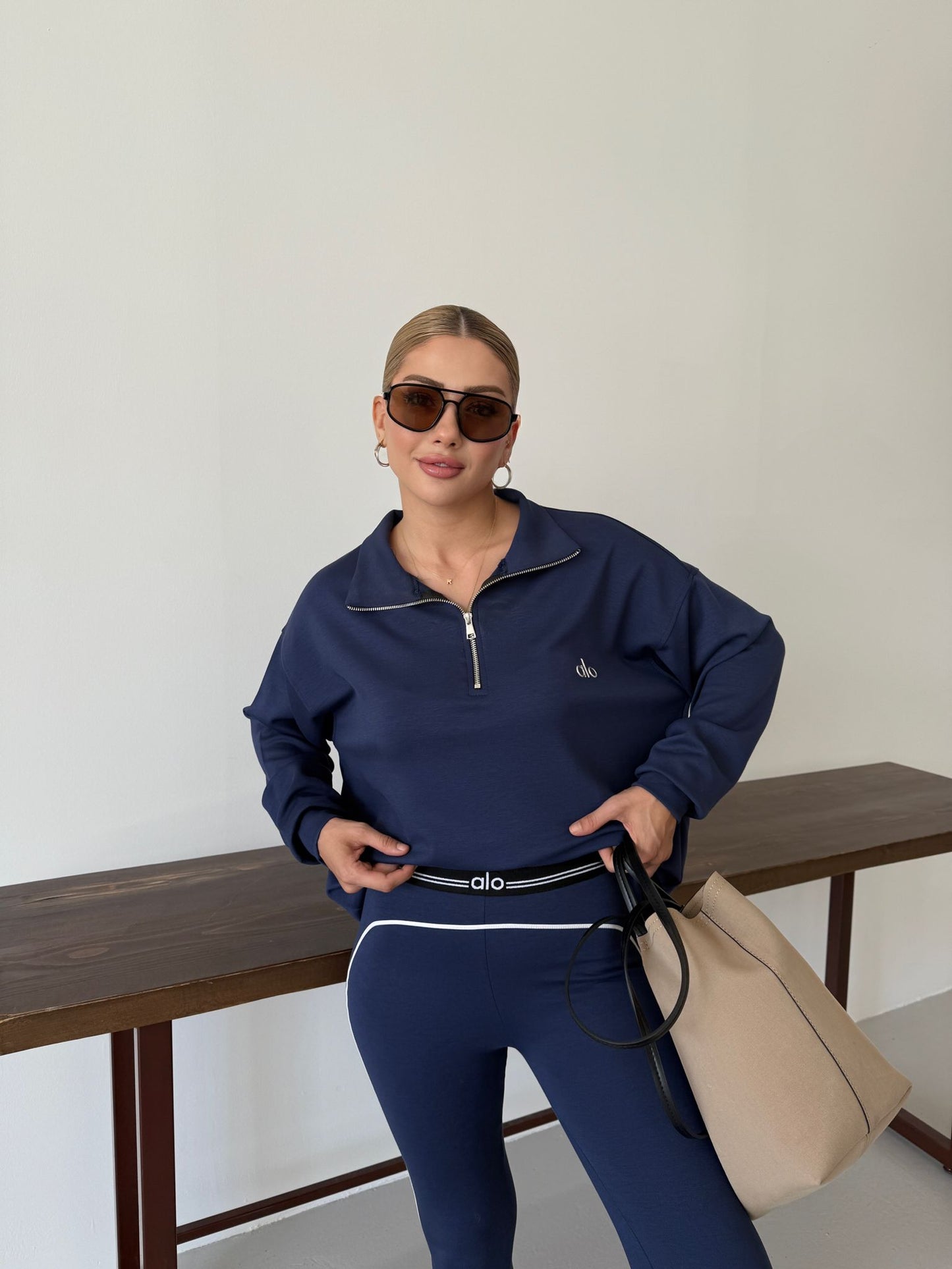 Long Sleeve Zip Top + Matching Modal Tights Navy