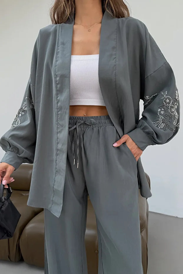 Teal Blossom Beaded Tencel Kimono Set