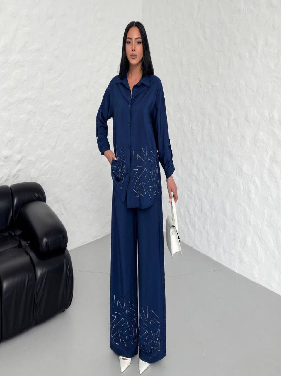 Stud Patterned 2 Piece Set Beige Navy