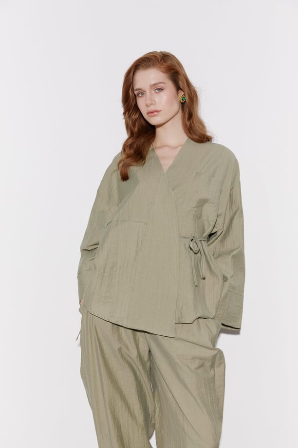 Salvar Style Pants & Kimono Side Tie Set Khaki