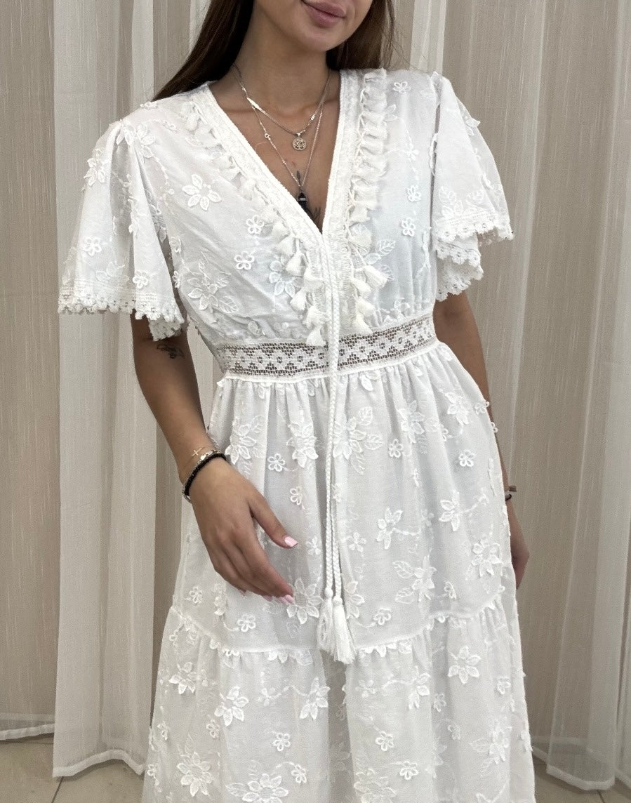 White Cut-Out Floral Cotton Maxi Dress