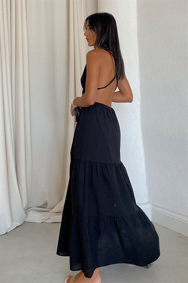 Black Back Cross Linen Dress