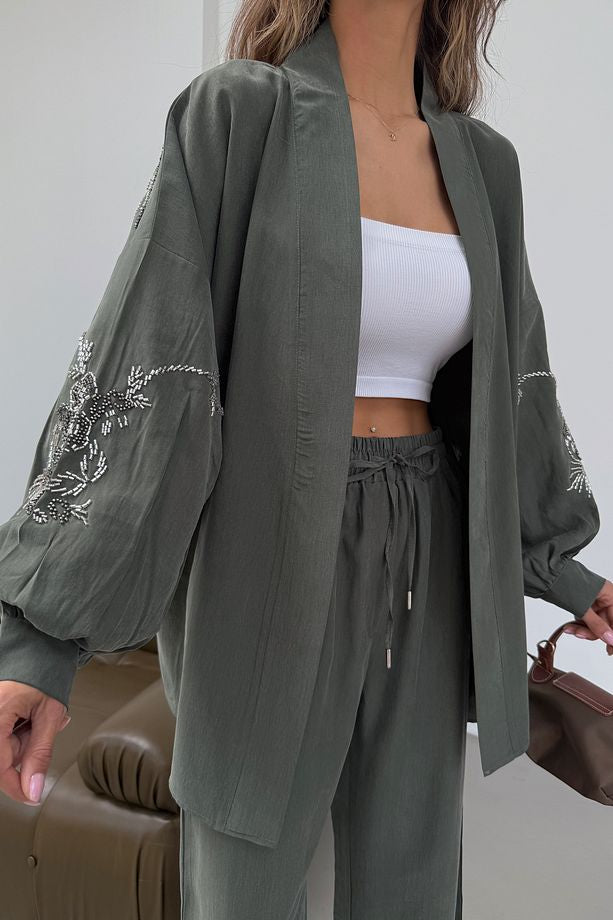 Green Blossom Beaded Tencel Kimono Set
