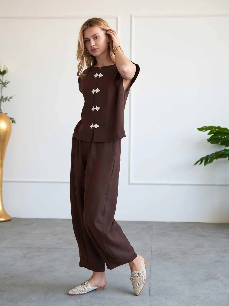 Casual Mandarin Co-Ord Brown
