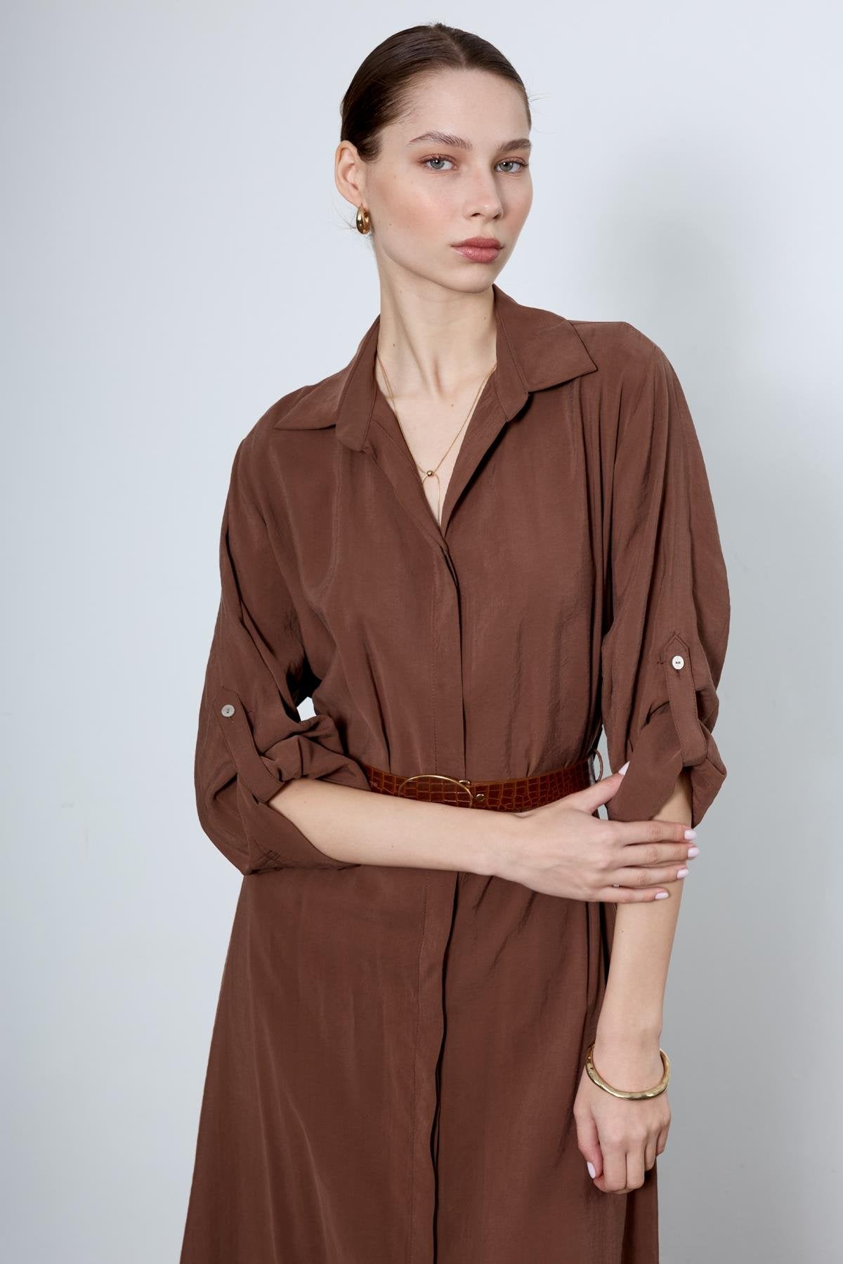The Tencel Belted Shirt Dress Brown - Standard Size