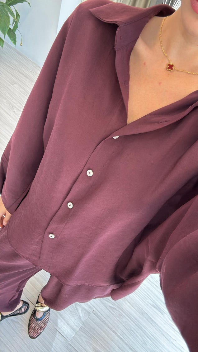 Burgundry Luxe Tencel Co-Ord — Relaxed Balloon Pants & Button-Down Top