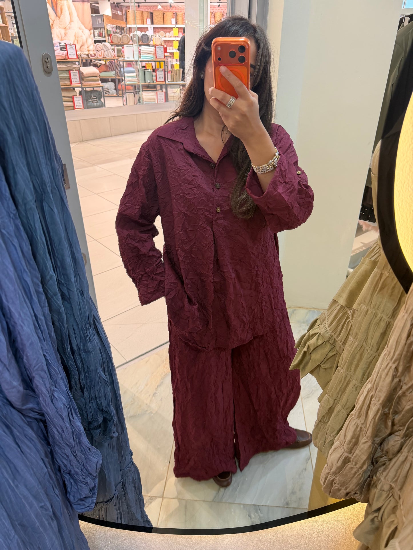 Crinkle Wide-Leg Set Burgundy