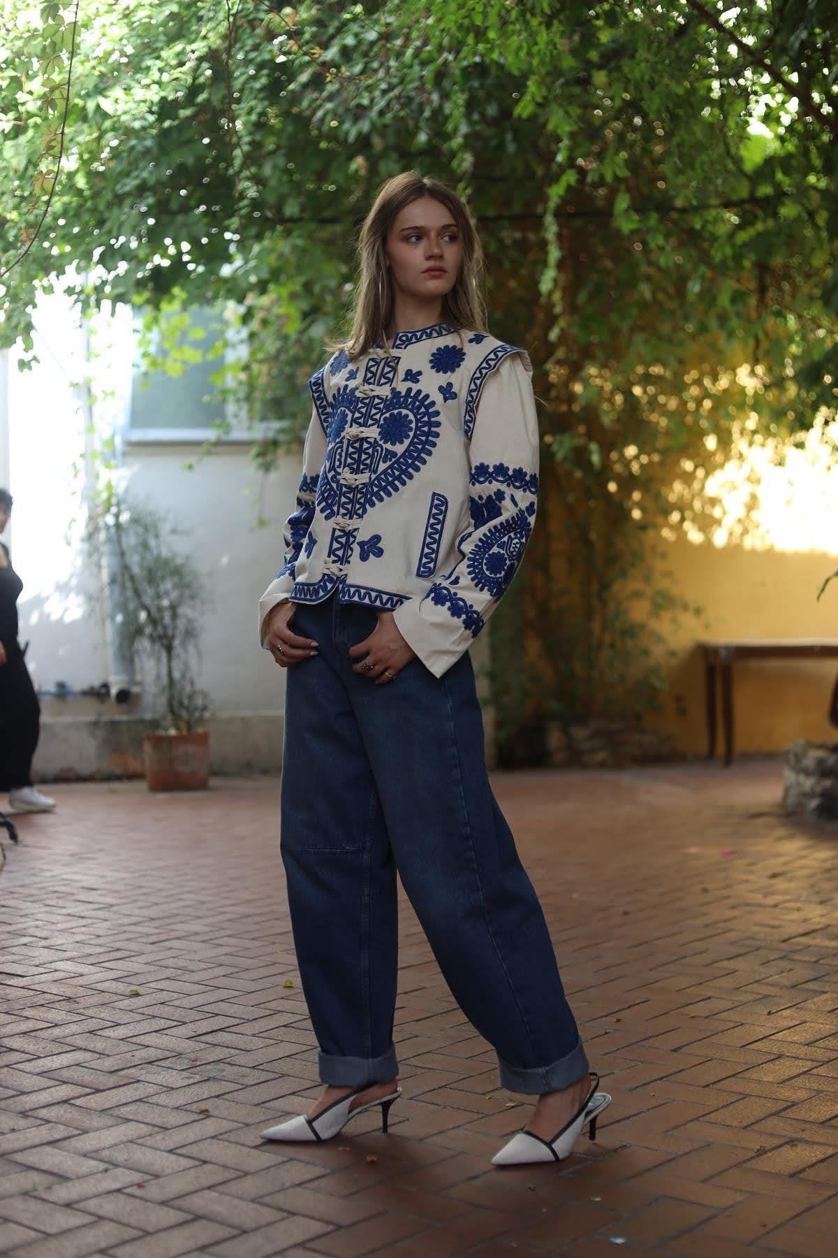 Blue Embroidered Asian Design Jacket Top