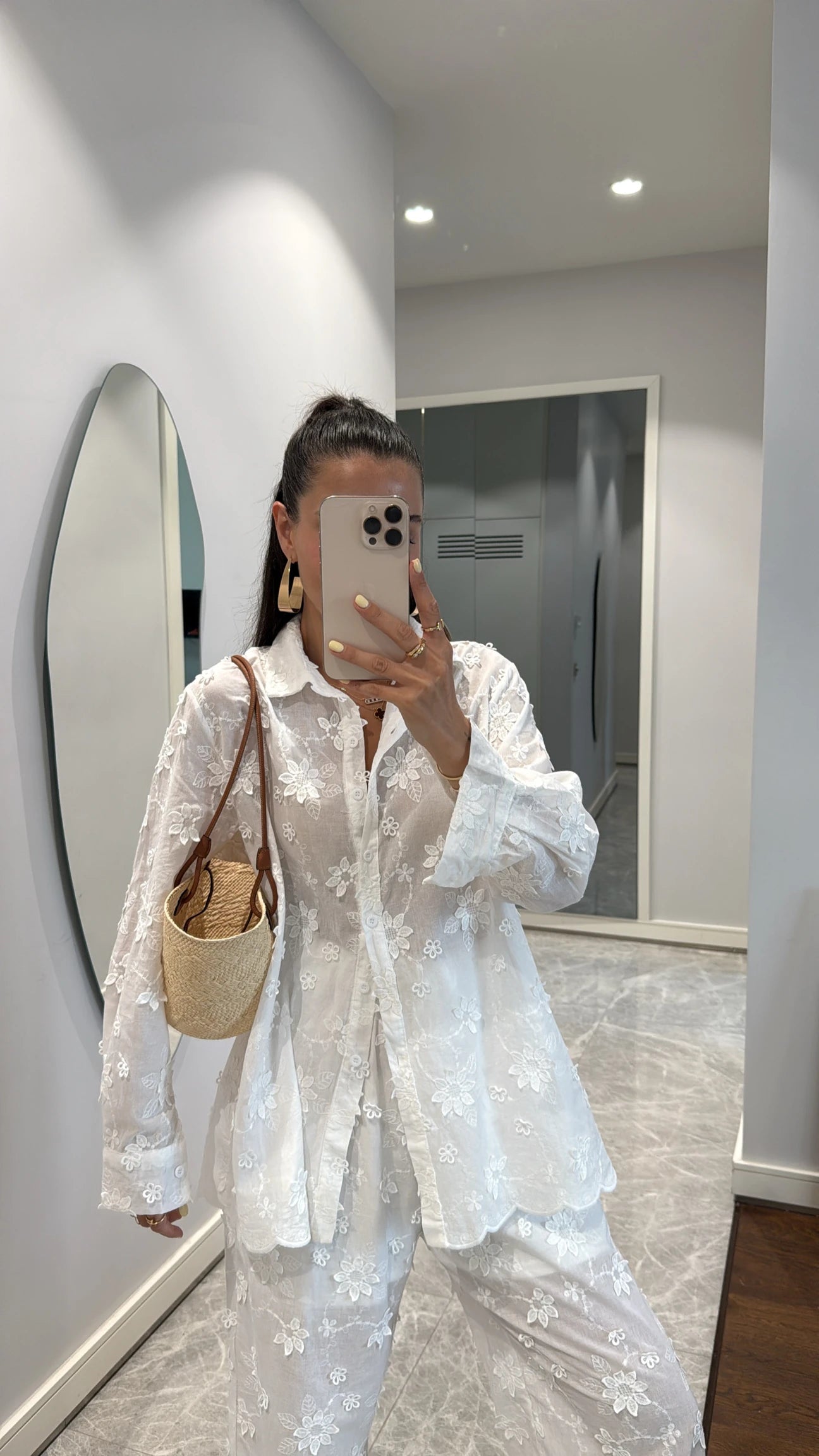 White Floral Appliqué Shirt & Pants Set