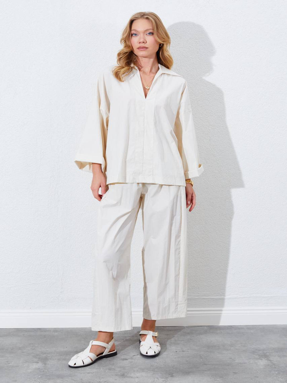 Cream V-Neck Parachute Co-ord