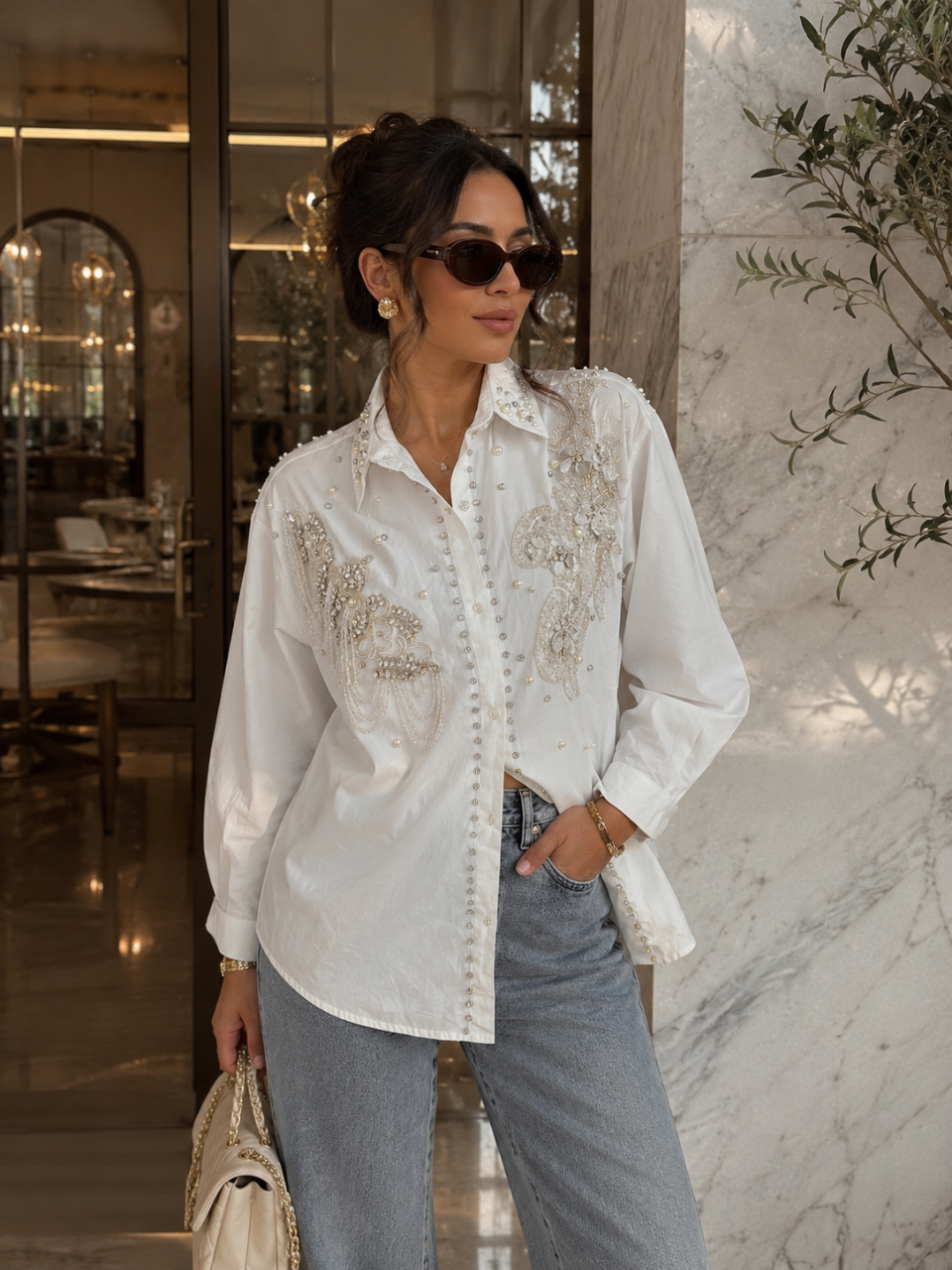 Pearl Embellished Statement Shirt White