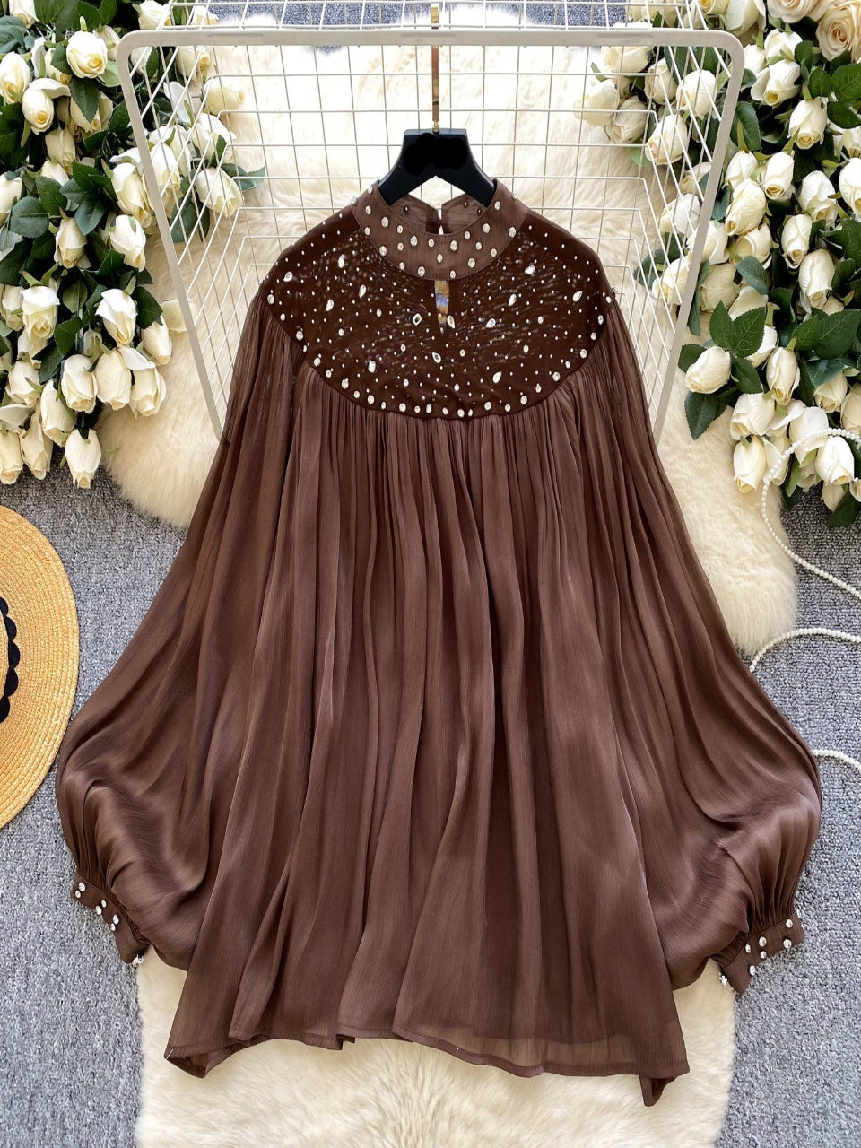 The Amira Embellished Blouse Brown - Std Size