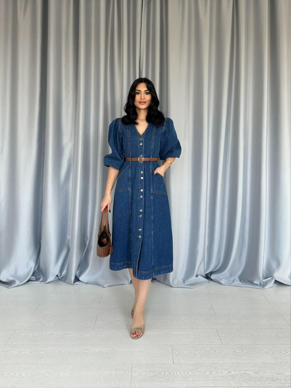 V-Neck Denim Midi Dress