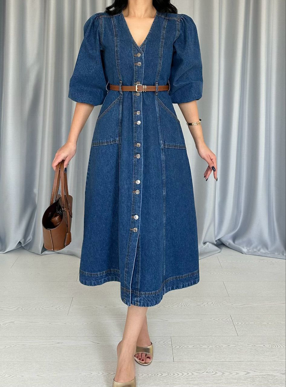 V-Neck Denim Midi Dress
