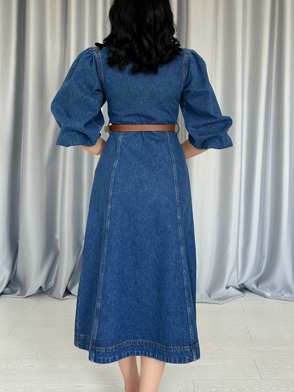 V-Neck Denim Midi Dress