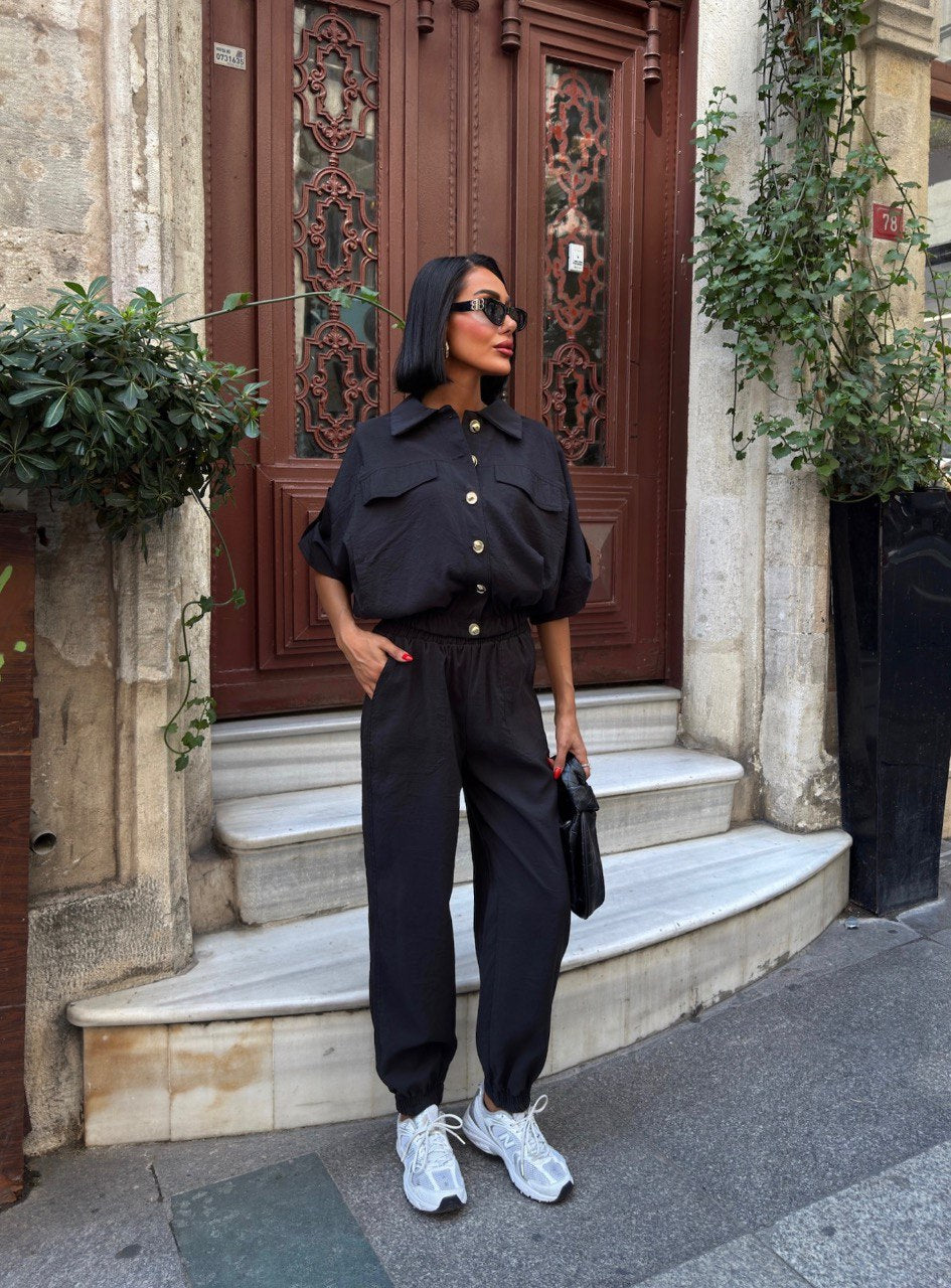 Trendy Chic Sporty Co-Ord Set with Gold Button Detailing Black