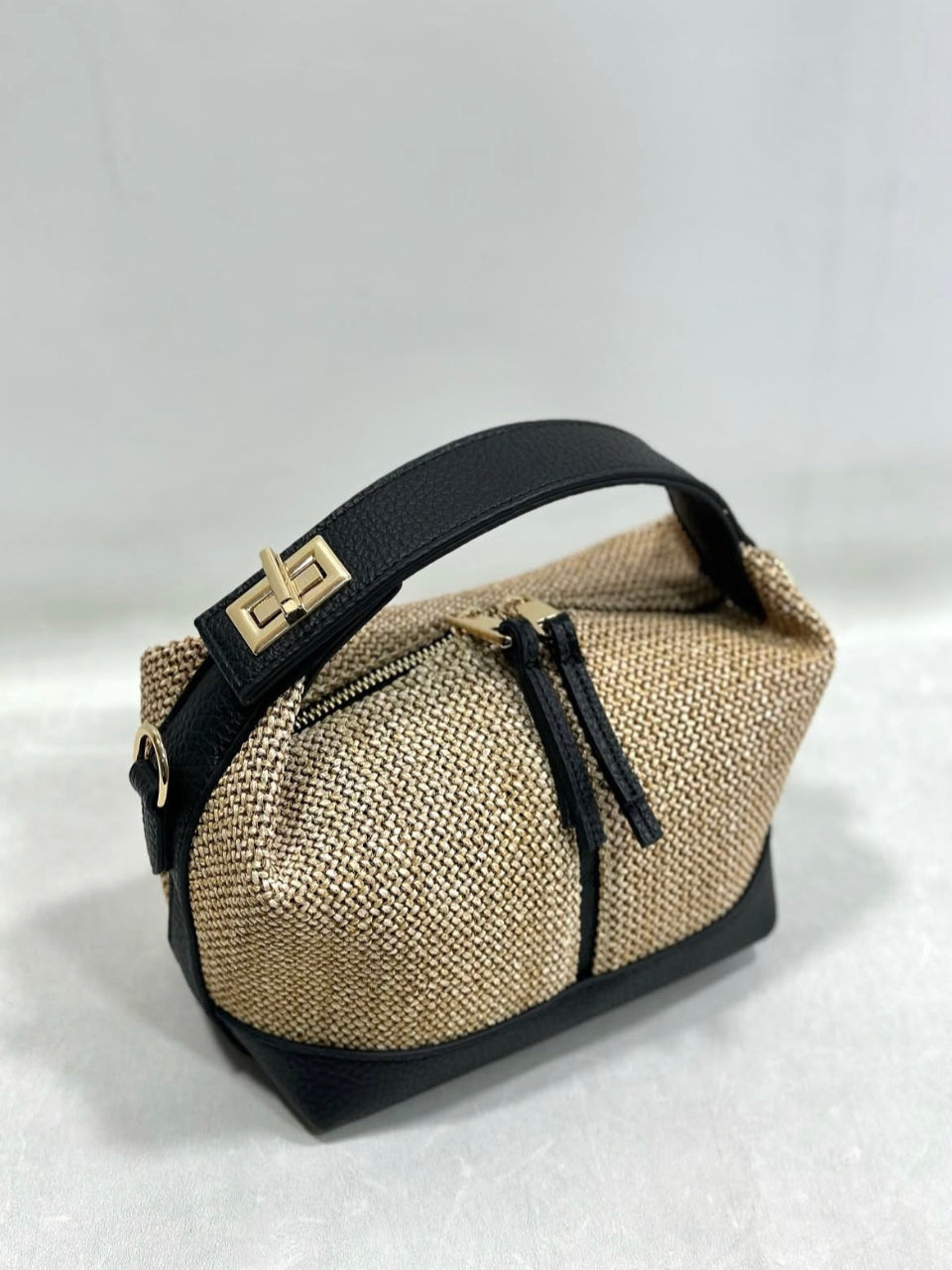 Black Leather & Woven Straw Structured Bag with Detachable Strap