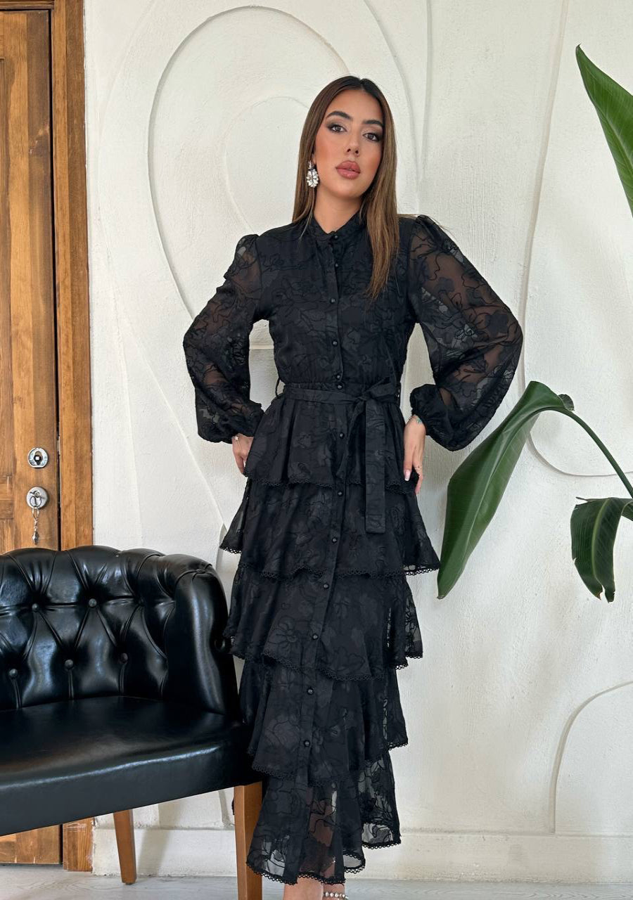 Embroidered Layered Frill Dress Black