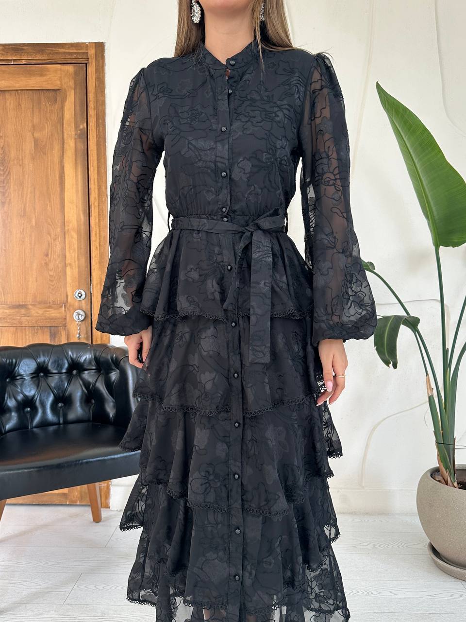 Embroidered Layered Frill Dress Black