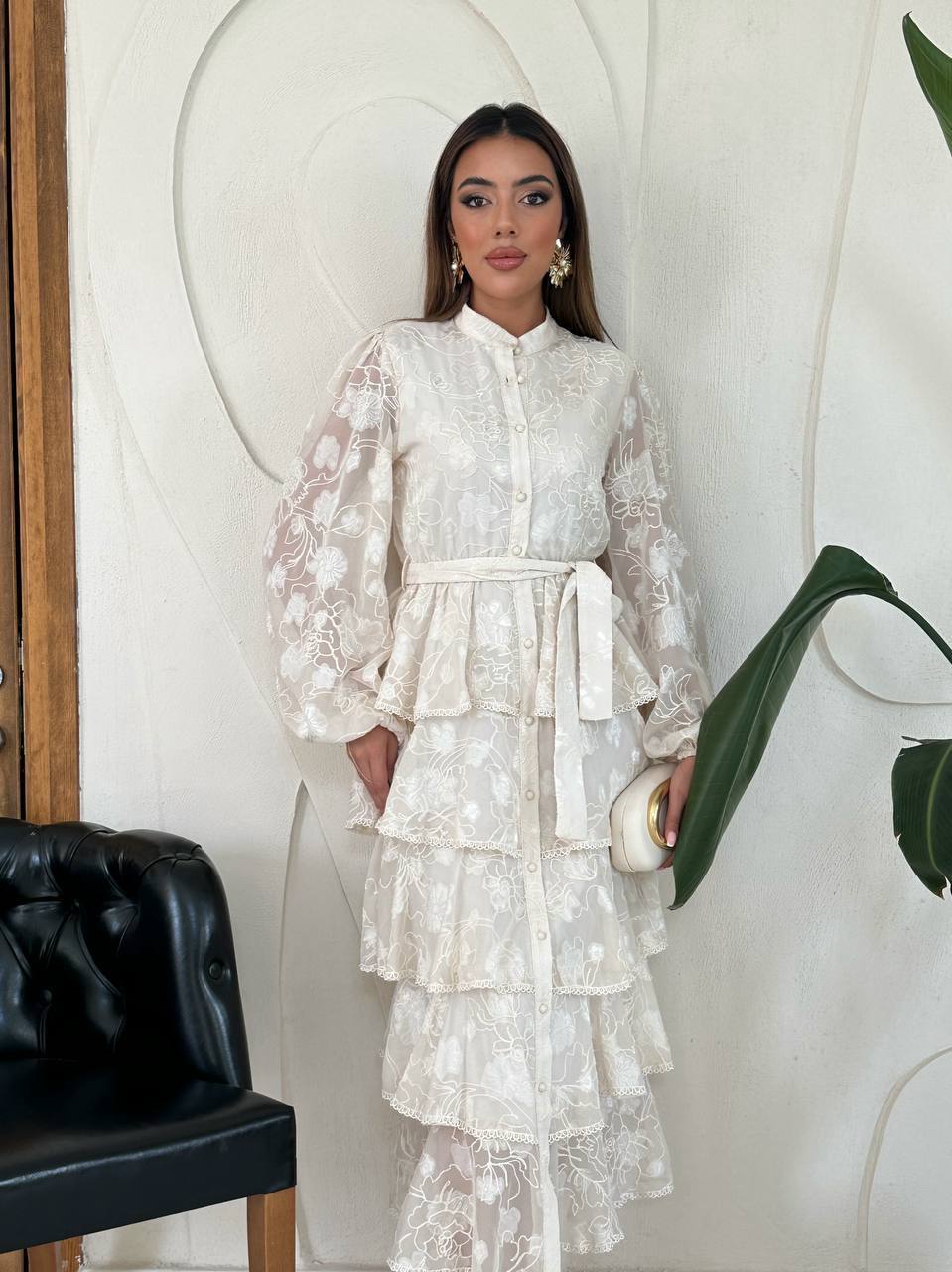 Embroidered Layered Frill Dress Cream