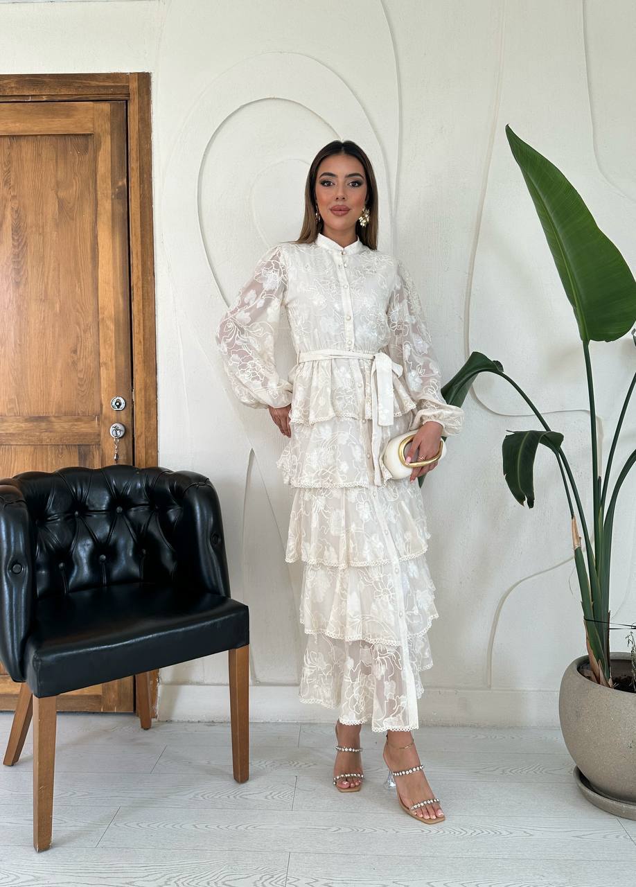 Embroidered Layered Frill Dress Cream