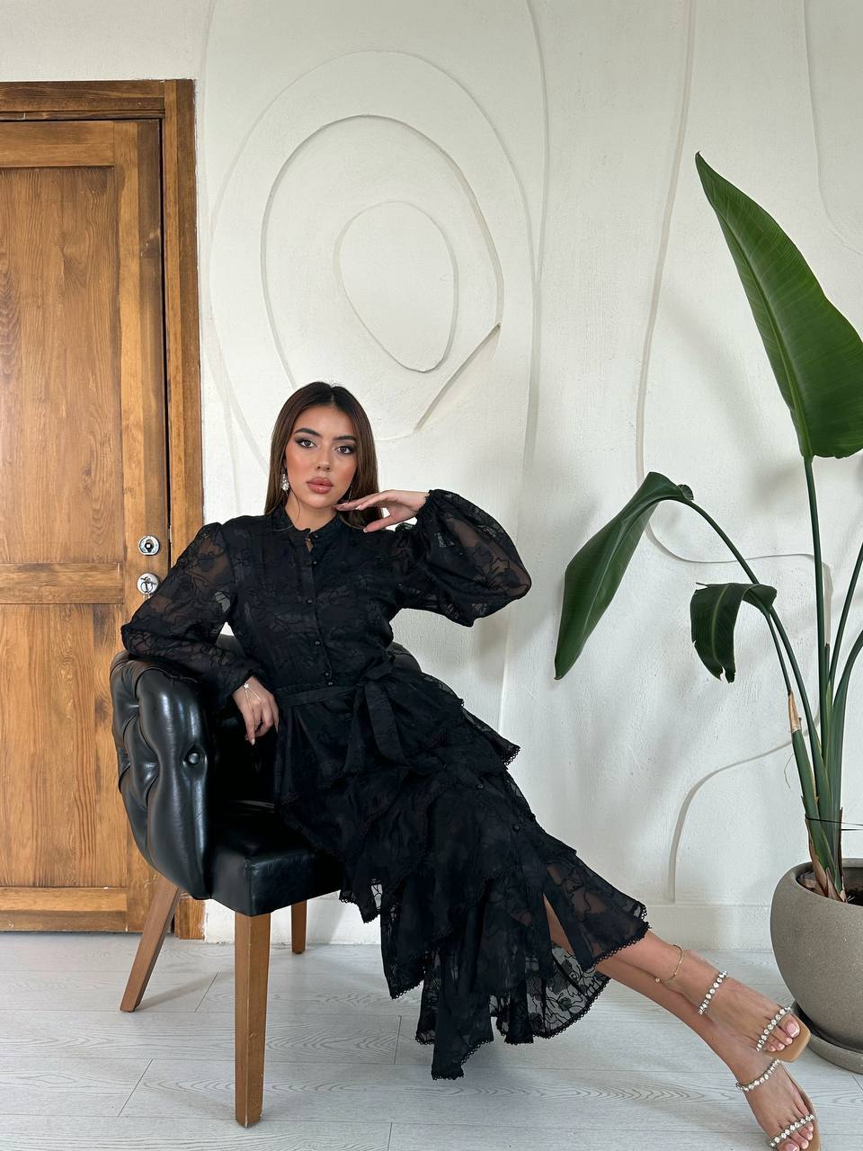 Embroidered Layered Frill Dress Black