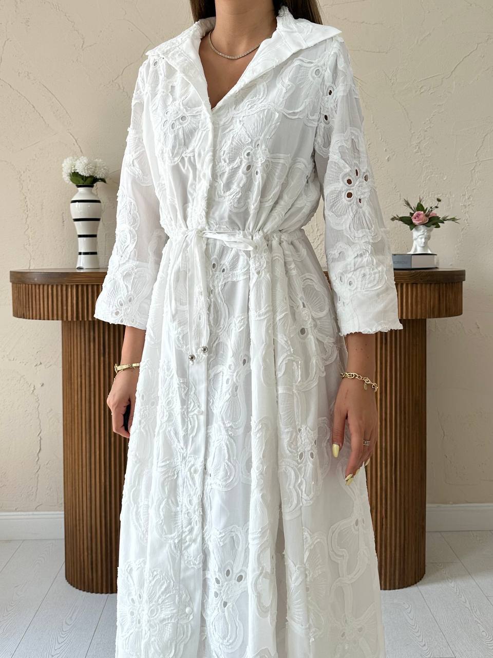 Drawstring Waist Broderie Dress