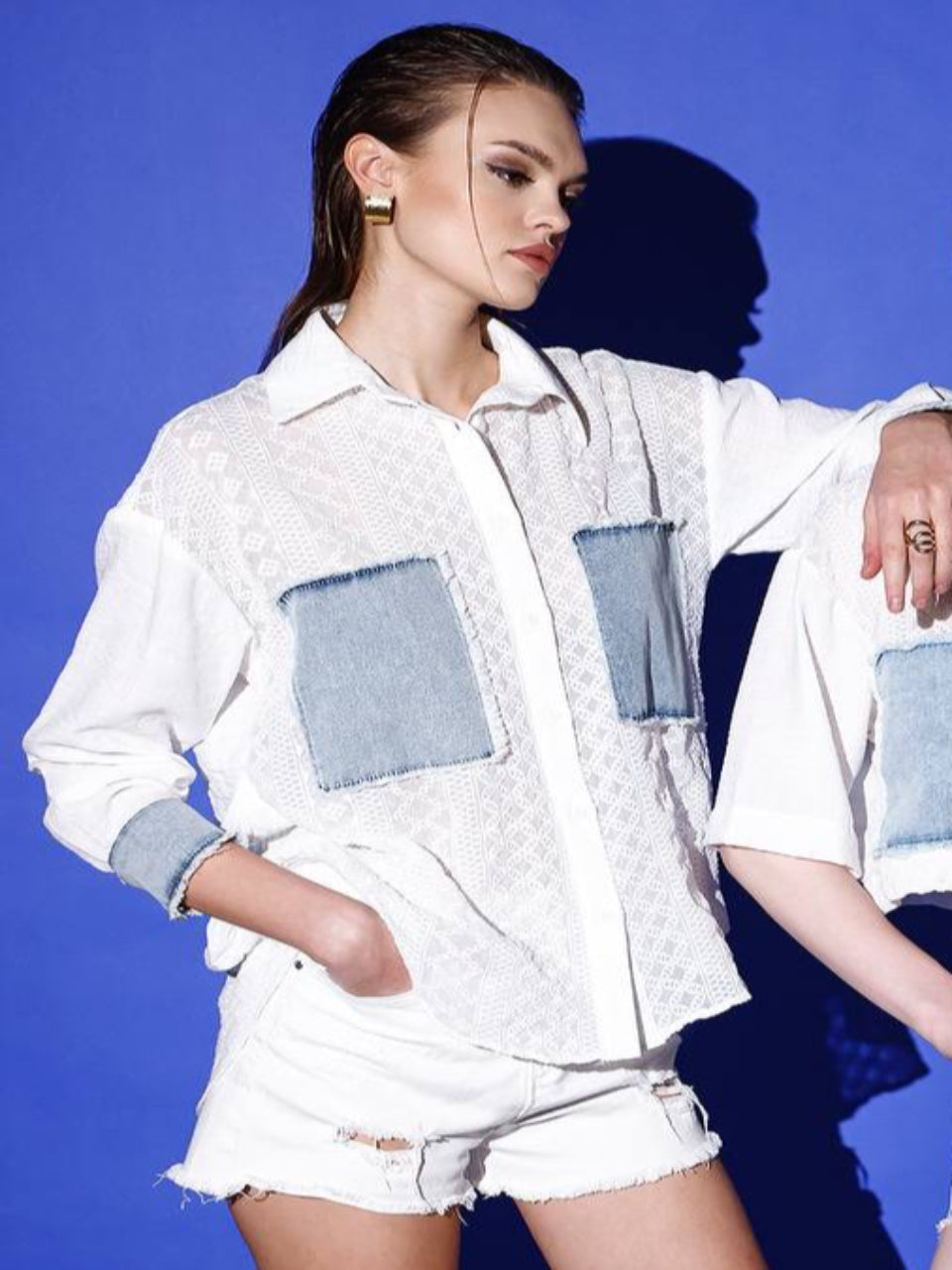 Oversized Crochet Detail Top Only Denim Pocket Detail Sheer (Pants Sold Seperately)