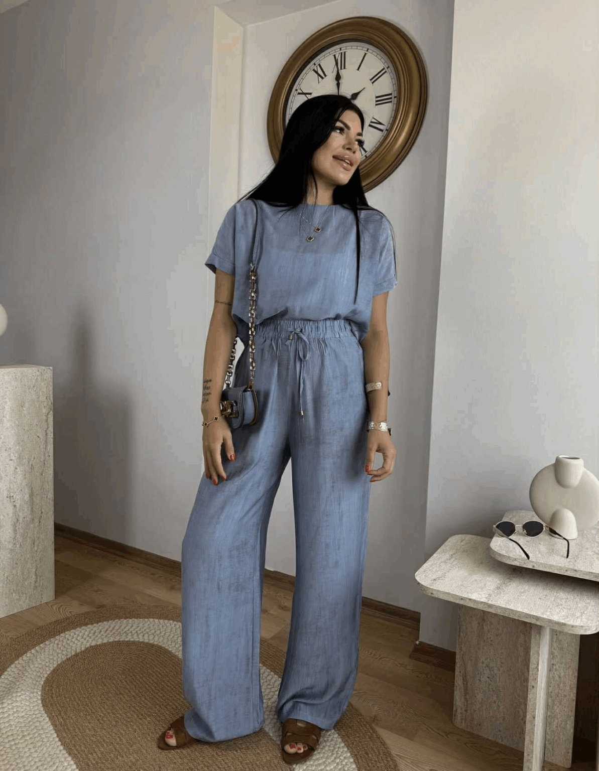 Lightweight Cotton-Blend Co-Ord Set – Boxy Top & Long Elastic Pants Blue