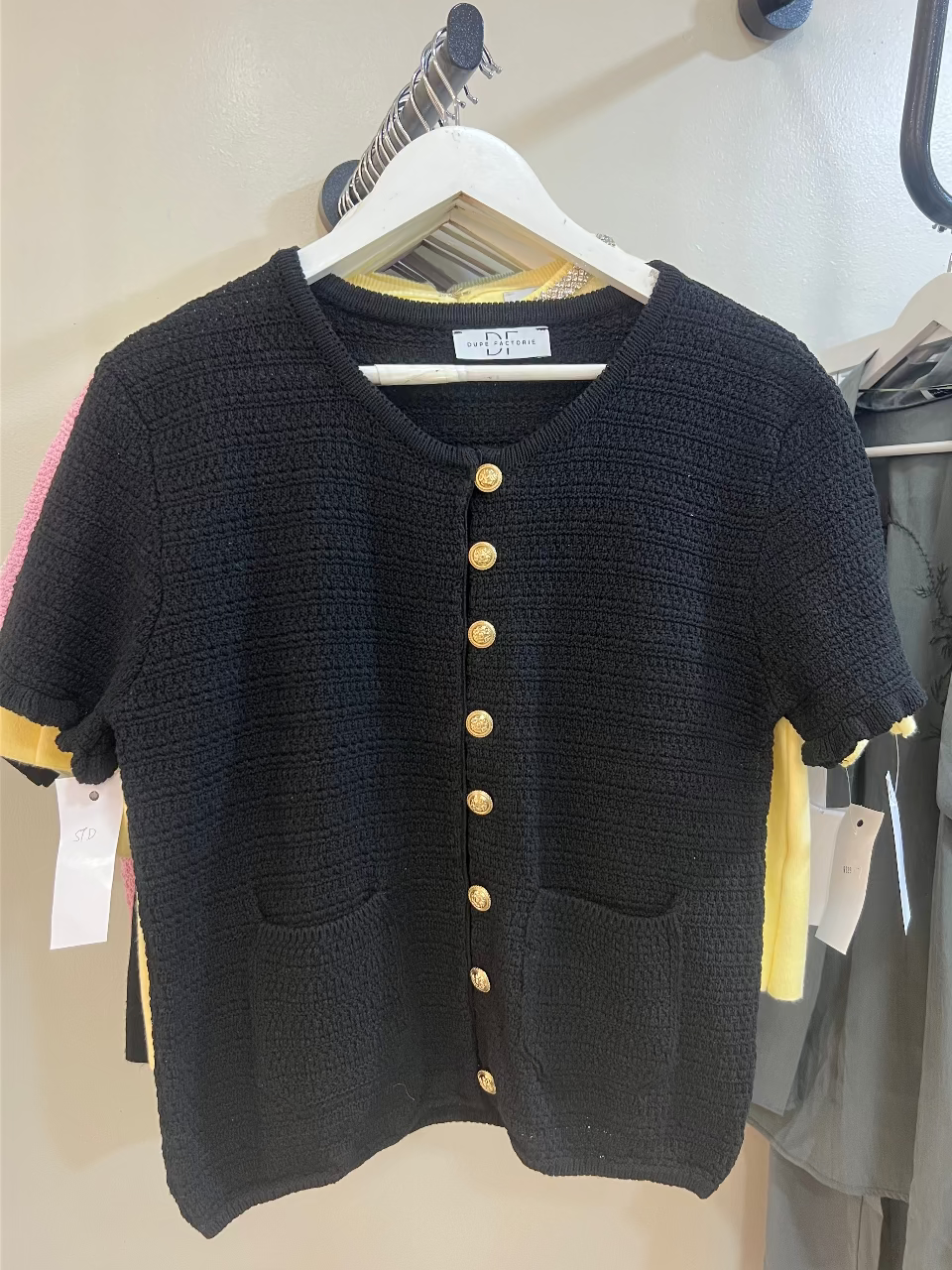 Short-Sleeve Black Knit with Gold Buttons