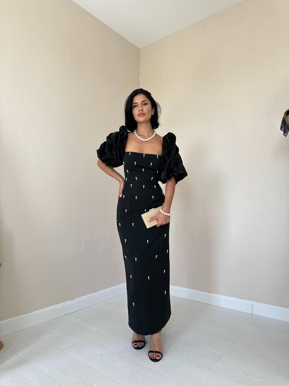 Pearl Embellished Fitted Dress Black