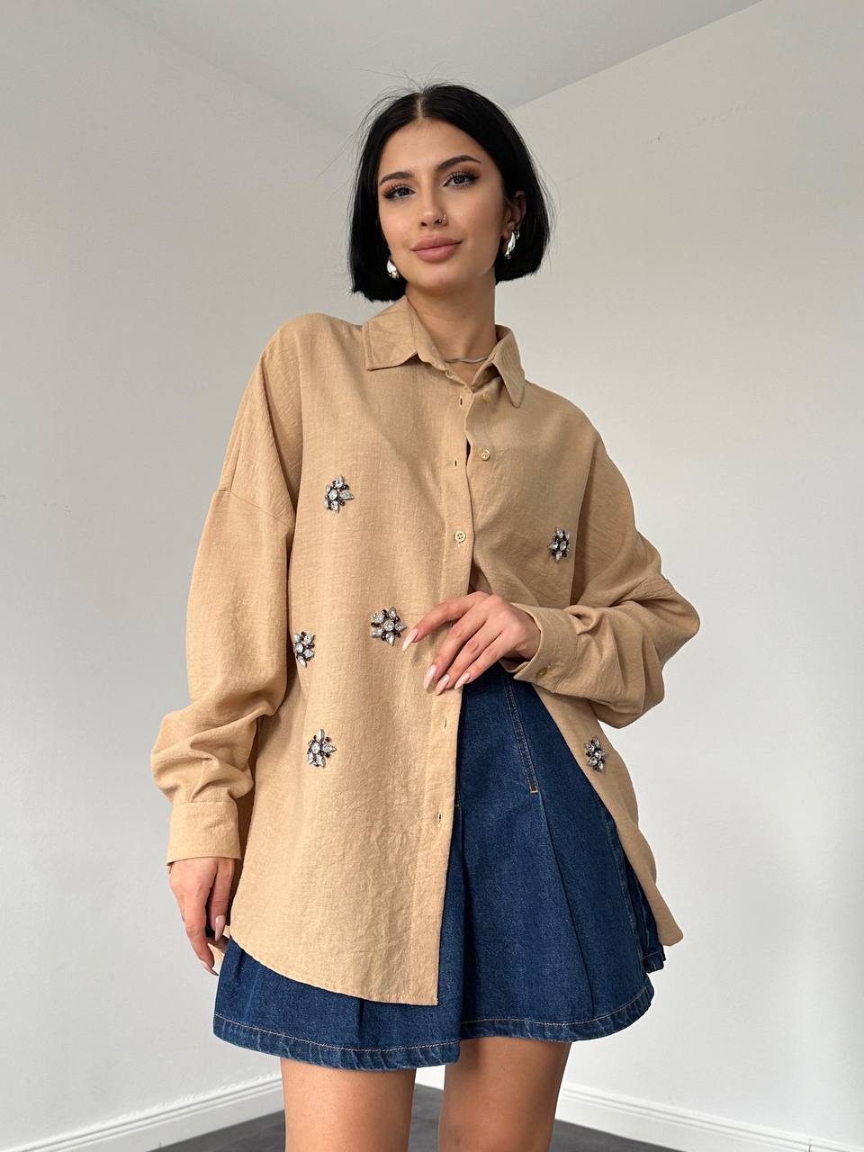 Beige Rhinestone Standard Shirt
