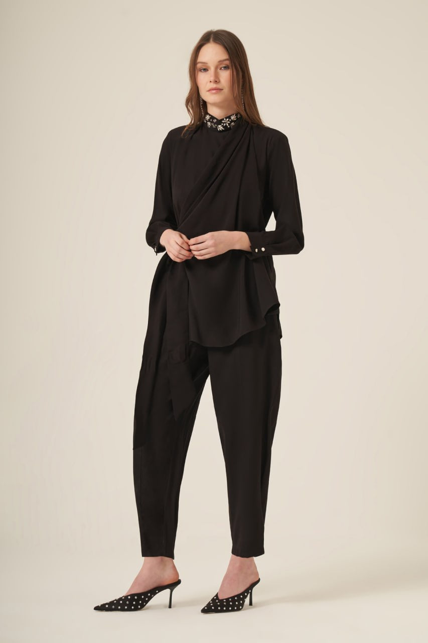 Embellished Neck Draped Overlay Modest Set Black