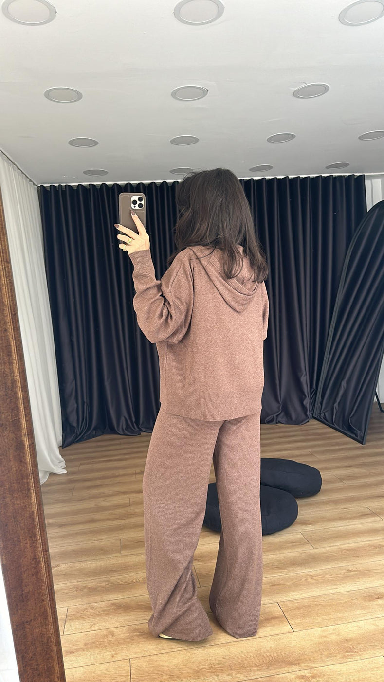 Brown Soft Knit Double Zip Co-Ord Set - STD Size