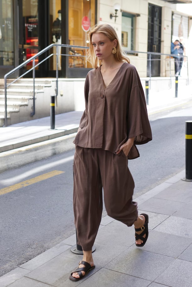 Coffee Luxe Tencel Co-Ord — Single-Button Top & Tapered Pants