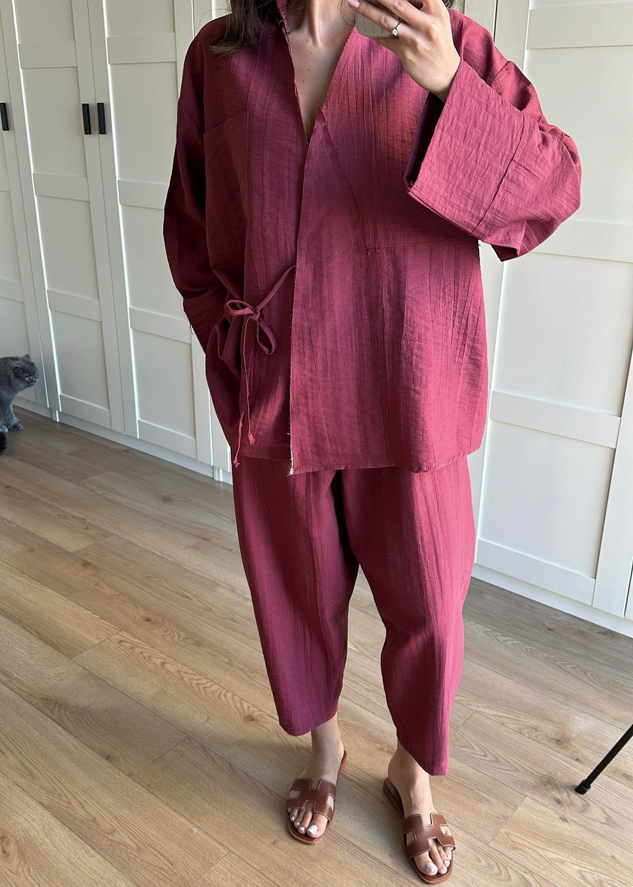 Salvar Style Pants & Kimono Side Tie Set Burgundy