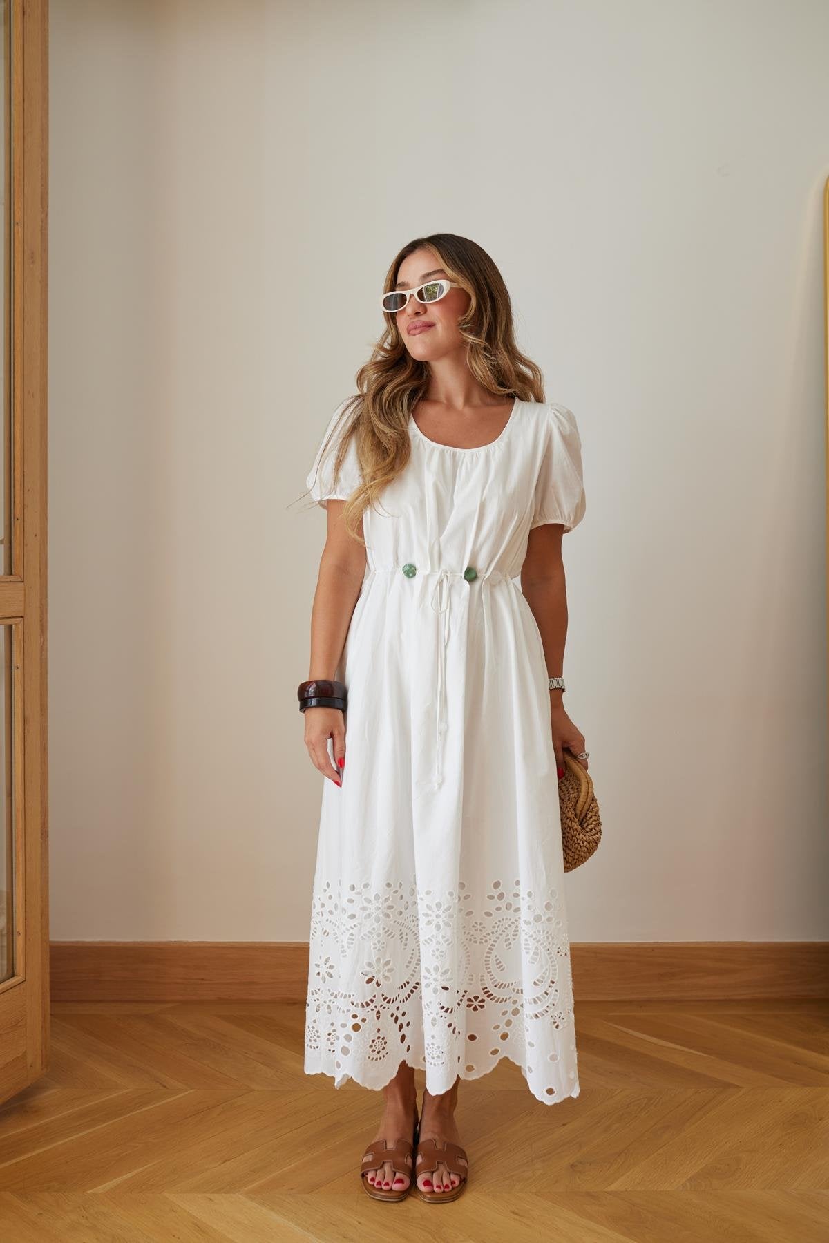 White Stone Belt Detail Dress with Broderie Hem – Lined, Standard Size