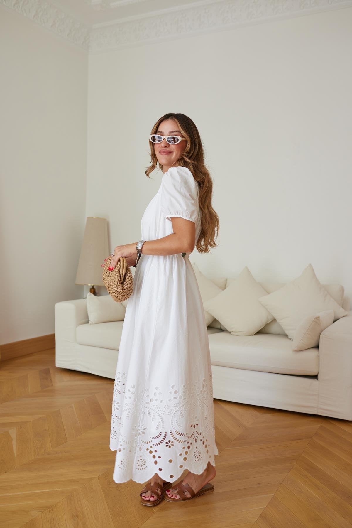 White Stone Belt Detail Dress with Broderie Hem – Lined, Standard Size