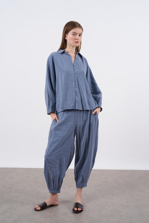 Dusty Blue Luxe Tencel Co-Ord — Relaxed Balloon Pants & Button-Down Top