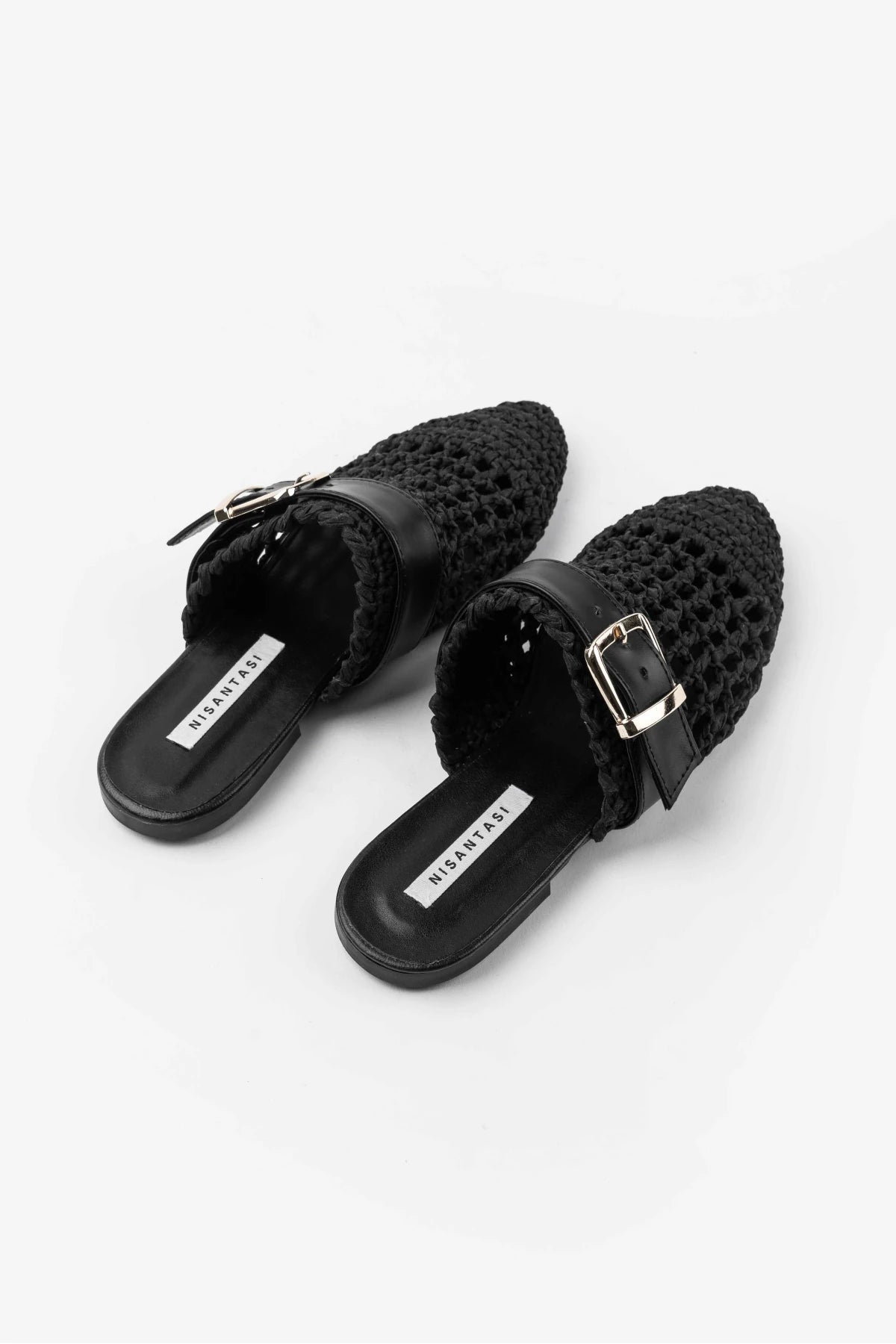 Black Woven Buckle Detail Flat Mules
