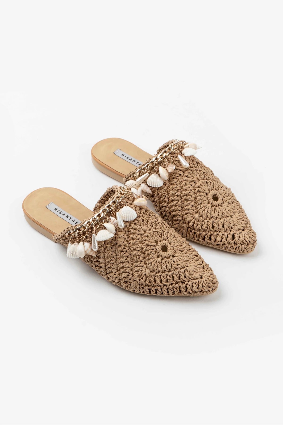 Tan Woven Mules with Seashell Detail