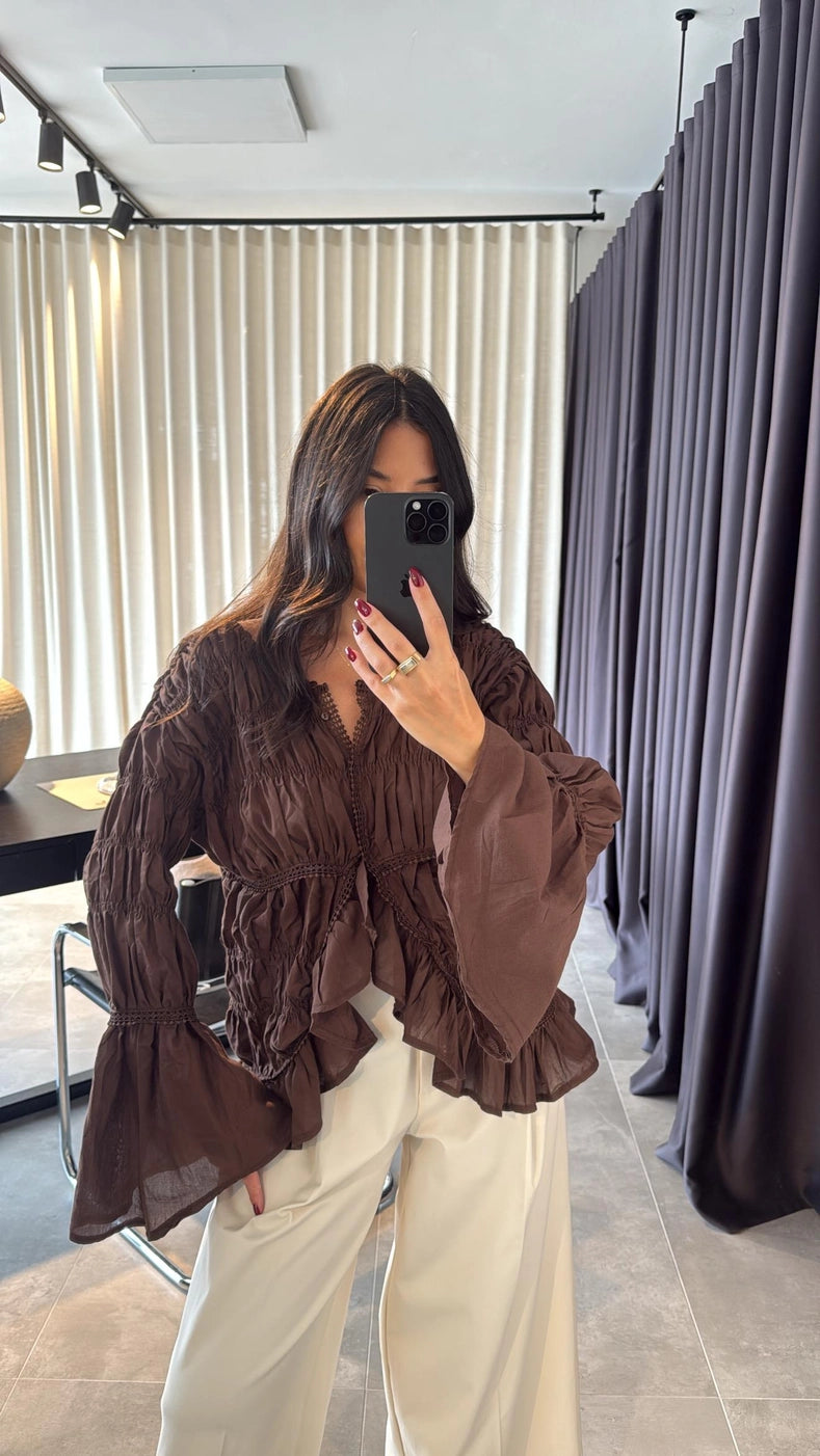 Molina Ruched Voile Blouse Brown