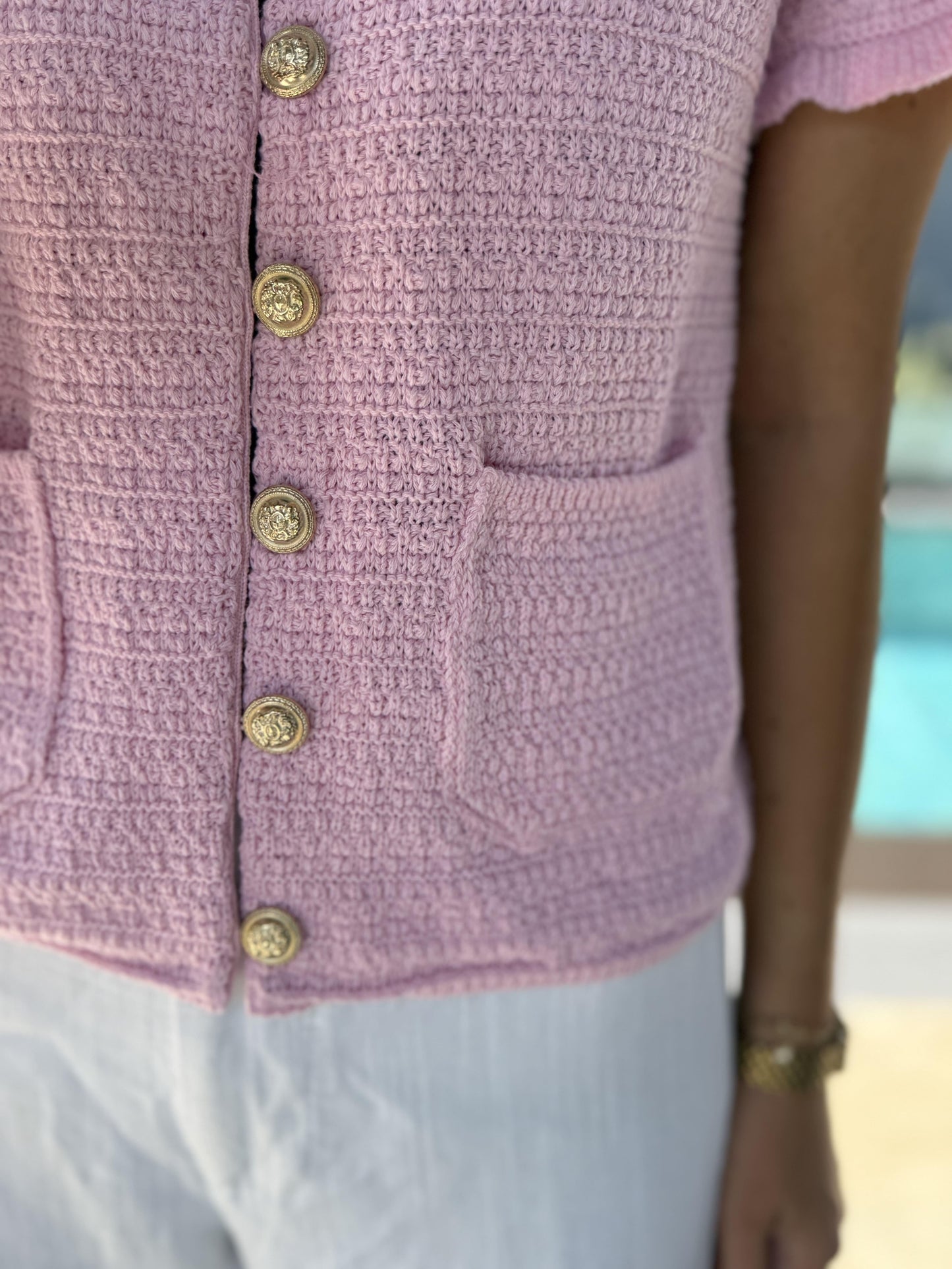 Short-Sleeve Pink Knit with Gold Buttons