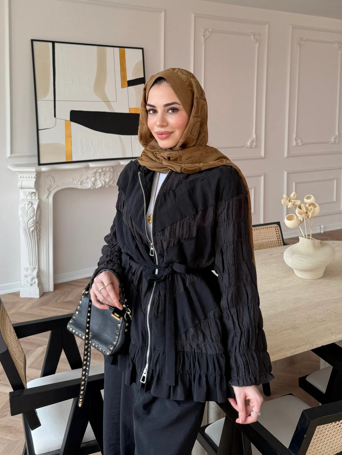 Ruched Cupro Belted Modest Set Black