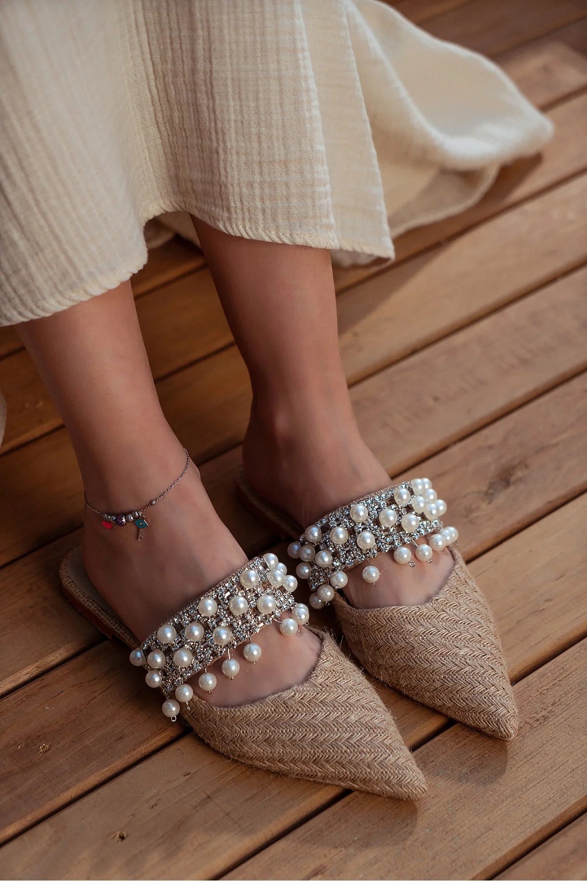 Woven Pearl-Embellished Flat Mules