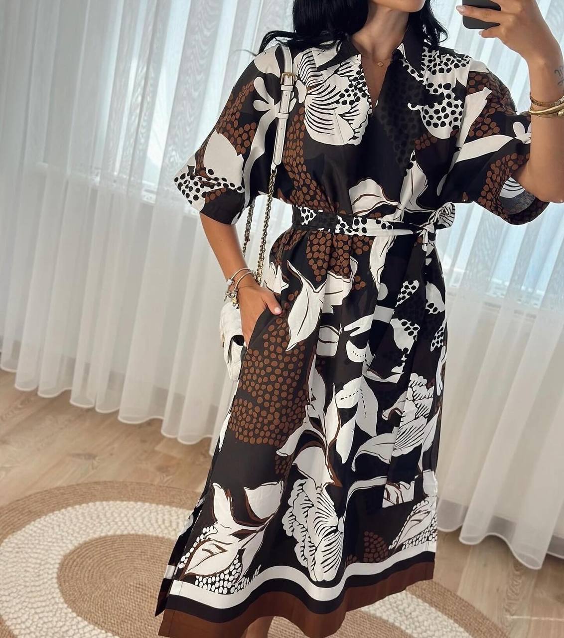 Multi-Shade Brown Leaf Patterned Cotton Dress
