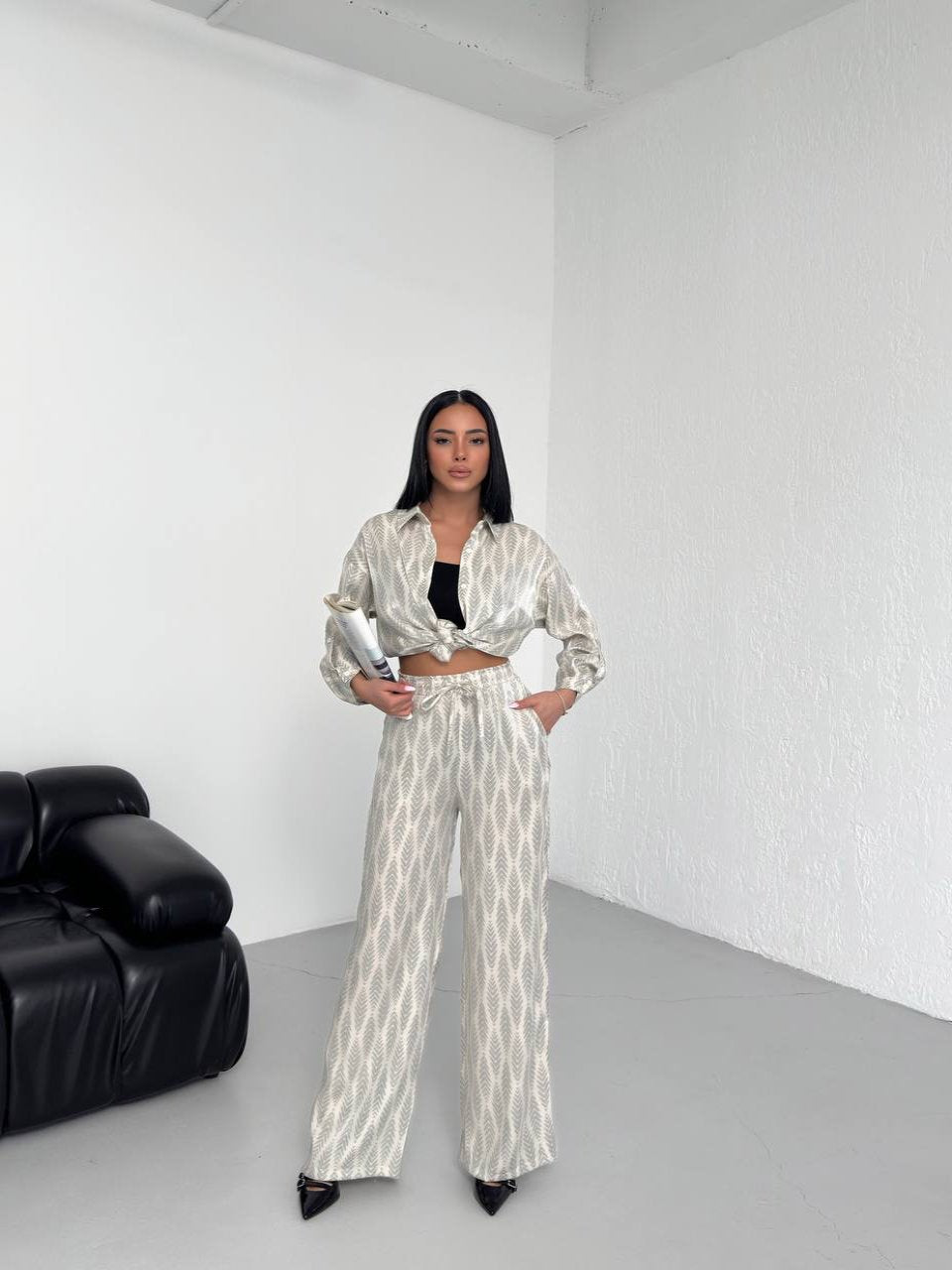 Shiny Light Grey & White Printed Co Ord