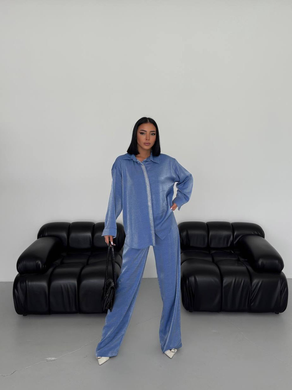 Blue With Button Down Shimmer Detail