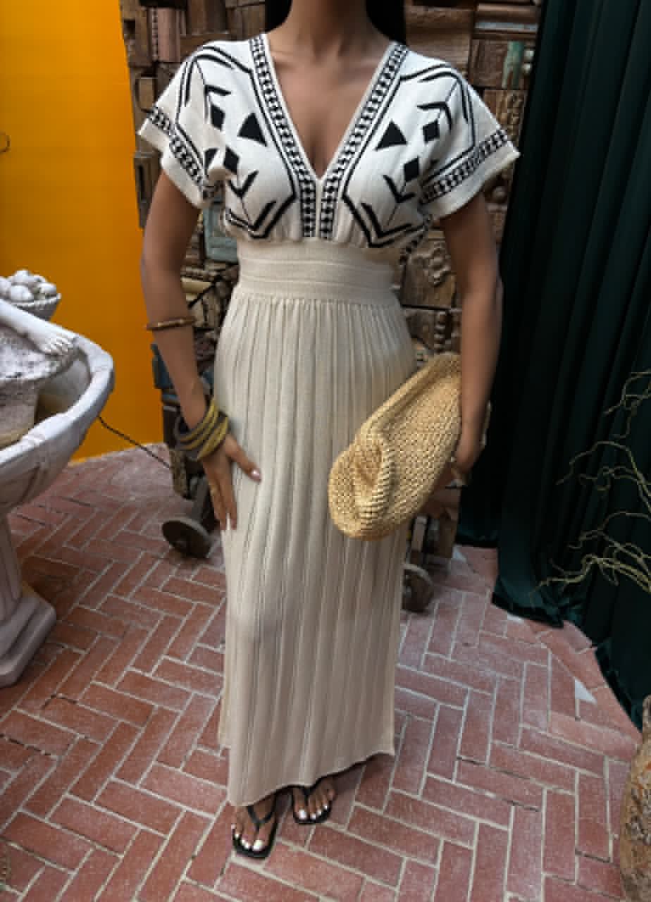 The Ethnic Patterned Knitted Dress Ekru - Standard Size